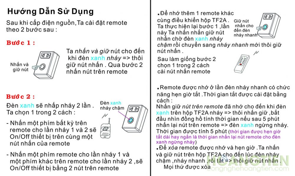 Ổ cắm điều khiển từ xa TPE TF2A hỗ trợ học lệnh remote RF xuyên tường 315Mhz, tiện dụng điều khiển thiết bị ở khoảng cách xa: – Học lệnh remote RF 315Mhz – Công suất : 2000w – Điều khiển từ xa on/off cho 1 thiết bị – Có chức năng hẹn giờ tắt từ 1 giây đến 24 giờ với một nút nhấn riêng ,thuận tiện cho cài đặt và xóa thời gian được dễ dàng